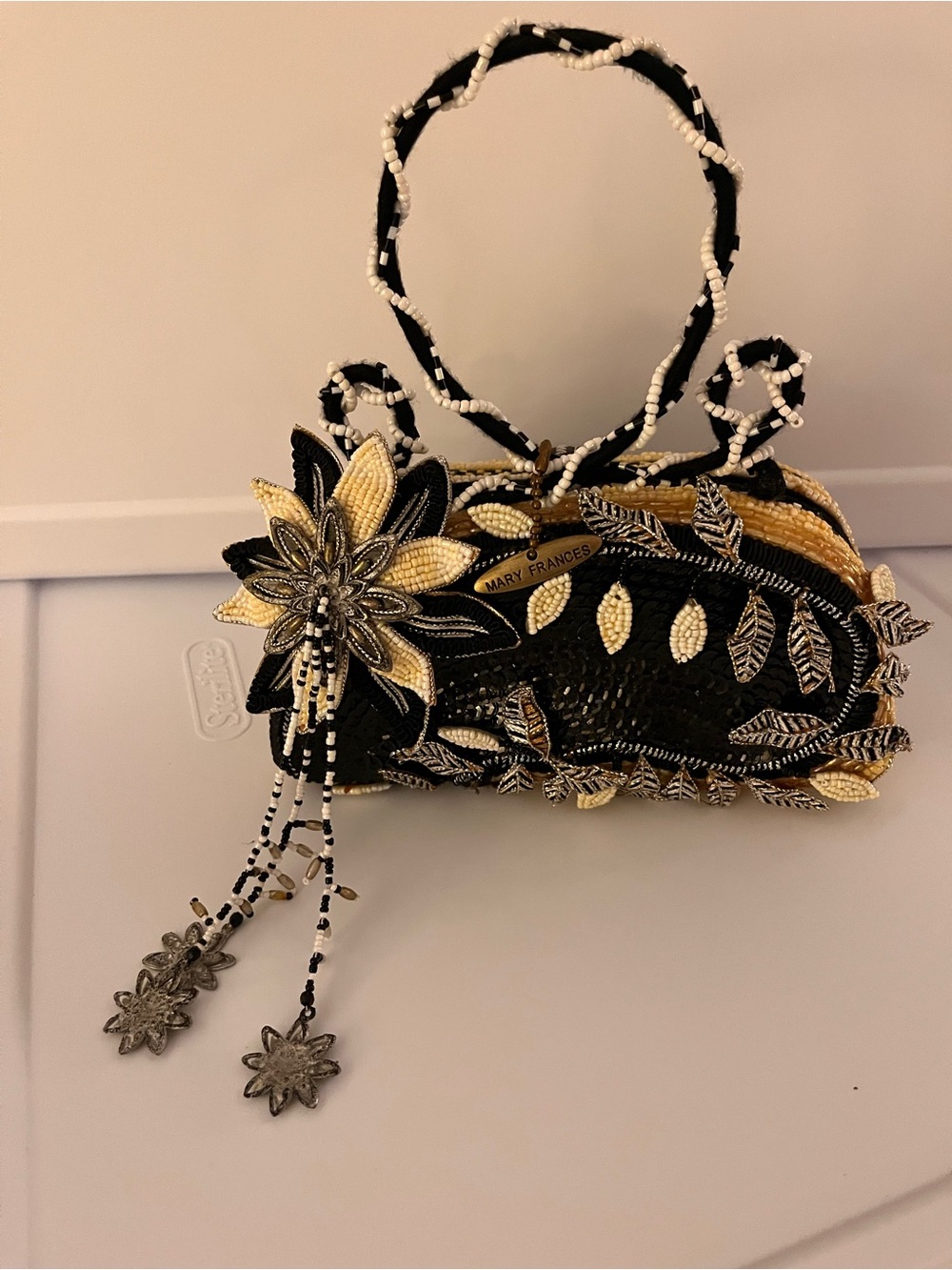 Mary Frances Beaded Floral Evening Clutch in Black & Gold